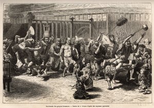 Bryggarnas bacchanal, på nyårsafton, efter att ha fått sin lön och festoye, går de in i en glad och bullrig procession i Edo (dagens Tokyo), utrustade med en enorm sake-vask och en lång dammduk för att trycka upp taket , prinsen av d av Unknown artist