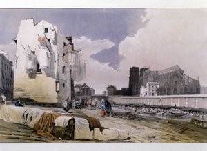 Seines strand och Notre Dame de Paris - litografi av Unknown artist