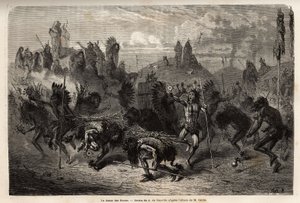 Bisondansen som utförs av krigarna i Mandans indianer (eller noumah ka kie: fasaner) på Missouris vänstra strand. Gravyr för att illustrera en utflykt bland indianstammarna i Colombias och Upper Missouris bassänger, av G. Catlin, 1855, s. av Unknown artist