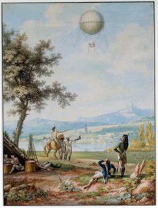Blockaden av Mainz: fästet omges av den första koalitionens armé den 14/04/1793. En ballong ovanför staden i ett belägringstillstånd som används för militära ändamål. 1700-talstryck. Paris. Flygmuseum av Unknown artist