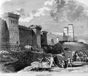 Titus och hans armés erövring av Jerusalem omkring 80 e.Kr. 1800-talsgravyr. av Unknown artist