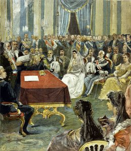 Prinsen av Neapels borgerliga äktenskap - som blev Victor Emmanuel III (Victor Emmanuel) (Vittorio Emanuele) - med prinsessan Helene av Montenegro vid Quirinalpalatset 1896. I mitten kan du se Humbert I (Umberto) till vänster om bruden. av Unknown artist