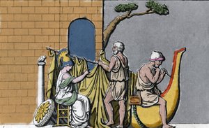 Konstruktionen av skeppet Argo, assisterad av Minerva, med det heliga träet från ekarna i Dodone. av Unknown artist