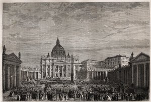 Folkmassan rusade till Petersplatsen i Vatikanen för att ta emot påskens stora välsignelse av påven Pius IX (1792-1878). Gravyr för att illustrera historien om Stilla veckan i Rom, 1863, av Ludovic Celler, i "Le tour du monde, nouveau journal des voy av Unknown artist