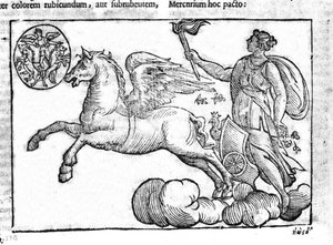 Gryningen (solens vagn). Allegori över soluppgången med karaktärerna från den grekiska och romerska mytologin på himlen. Gravyr från "Mythology and Explanations of Fables" av Natalis Comitis. 1637. av Unknown artist