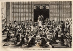 Matsalen på Yokohama Theatre är permanent fylld, även under föreställningen. Gravyr för att illustrera resan till Japan, av Aime Humbert, minister för Schweiziska edsförbundet, 1863-1864, publicerad i "" le tour du monde", under den svåra av Unknown artist
