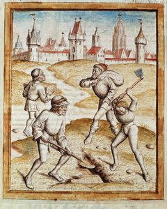 Upptäckten av en skattmästare i förorten till en befäst stad Miniatyr hämtad från en tysk översättning av fablerna om "Kalila (Calila) och Dimna" av Bidpai. (ms. 1389, fol. 1) omkring 1480 Chantilly, museum Conde av Unknown artist