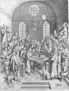Dissektionsgruppen av läkare och forskare återförenades för att följa en dissektion i en amfiteater. Gravyr från 1788 av Unknown artist