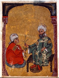 Doktorn och botanikern Pedanius Dioscoride (Dioscorides) (40-90 e.Kr.) förklarar för en av sina elever fördelarna med miniatyrväxter som härrör från hans avhandling "De materia medica"" (Fol. 2 verso) Från Irak. 1229 Topkapi Sarayi Museum Library, Istanbul av Unknown artist