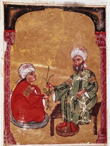 Läkaren och botanikern Pedanius Dioscoride (Pedanius Dioscorides) (40-90 e.Kr.) sitter med en av sina elever Miniatyr från hans avhandling "De materia medica"" (ms Ahmed III, 2147, folio 217a) 1229 Topkapi Sarayi Museum Library, Istanbul av Unknown artist