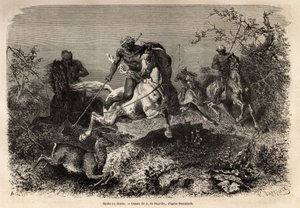 Dyakerna (inhemska i Borneo) jakt-, rid- och lassosvapen. Gravyr för att illustrera resan i den malaysiska skärgården, av Alfred Russell Wallace, 1854-1862, publicerad i "" Le tour du monde""" 1870-1871, redigerad av Edouard Charton, Hachett av Unknown artist