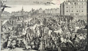 Pinsamt för Pont Neuf i Paris. Illustration av trafik och trafikstockningar på gatorna i Paris på 1700-talet. Gravyr från 1710. Paris, Musee Carnavalet av Unknown artist