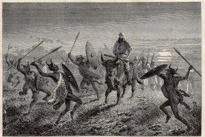 Eskorten som tilldelats resenären Baker, utför en fantasi innan han åker till Lake Albert (eller Albert Nyanza). Gravyr för illustration av resan till Lake Albert, 1861-1864, av Sir Samuel White Baker, i "Le tour du monde, nouveau journal des voyages av Unknown artist