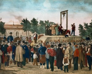Avrättningen den 13/03/1858 av Felice Orsini (1819 - 1858) och Pieri som utförde attacken den 14 januari 1858 mot Napoleon III på Place de la Roquette i Paris Litografi från slutet av 1800-talet. Milanos privata samling av Unknown artist
