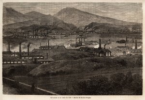 Fabrikerna i Taff Valley. Teckning av Durand Brager, för att illustrera ett besök på de stora fabrikerna i Wales 1862, av L.Simonin. Gravyr i "" Le tour du monde"", redigerad av Edouard Charton av Unknown artist