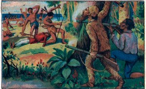 Kampen med vildarna. Illustration till boken av Daniel Defoe (Defoe) "" Robinson Crusoe"". Kromolitografi från slutet av 1800-talet. av Unknown artist
