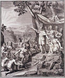 Den första inkaen Manco Capac och drottning Coya Mama Oello Huaco hans hustru, båda solens barn, samlar vildarna - i "" Historisk resa i Sydamerika utförd på order av kungen av Spanien"" av Don Georges Juan & Don Antoine de Ulloa, T.II, red. Jombert, av Unknown artist