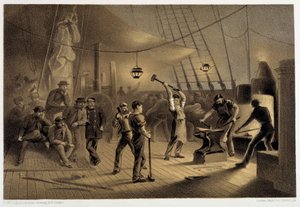Smedjan på däck. Natten den 9 augusti förbereder ifon-plätering för kapstan - i "The Atlantic telegraph" av W. H. Russel, ca. 1860 av Unknown artist