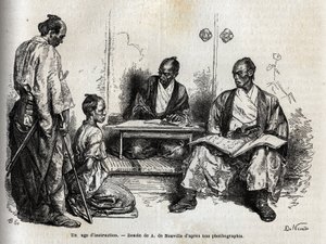Undersökningsdomaren i utförandet av sina uppgifter, knäböjer framför honom, anklagar honom för en samuraj. Gravyr för att illustrera resan till Japan 1863-1864, av Aime Humbert, minister för Schweiziska edsförbundet, i "Le tour du monde, nouveau jo av Unknown artist