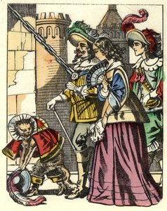 Kungen, prinsessan och markisen av Carabas anländer till ogrenens slott före kattstöveln. Illustration av berättelsen "The cat botte" av Charles Perrault av Unknown artist