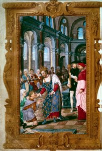 Kungen berör, Gud hör dig Kung Henrik II (1519-1559), thaumaturge, krigare som är trött på ecrouelles i klostret Saint Marcoul, strax efter ceremonin för kröningen av Reims. Nära honom bågen av Reims. Miniatyr från "The Hours of Henry II"" 154 av Unknown artist