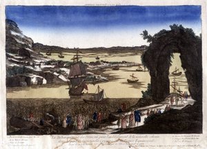 Fransmännens landstigning för etableringen av den nya kolonin i hamnen i Nouvelle Cayenne (eller France Equinoxiale) av Unknown artist