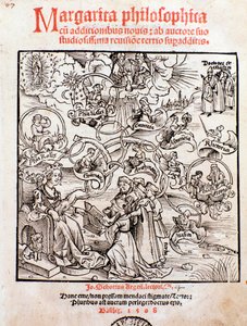 De fria konsterna: Trivium (grammatik, logik och retorik) och quadrivium (aritmetik, geometri, musik och astronomi) (gravyr av Unknown artist