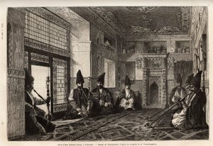 Vardagsrummet i ett rikt tatariskt hus i Schusha (Transkaukasien, Ryssland), där män samlas, sittande på mattor för att röka pipa och prata. Gravyr för att illustrera resan i provinserna i Kaukasus, av Basile Vereschaguine, 1864-1865, publicerad av Unknown artist