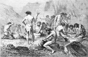 Tillverkning och polering av flinta av förhistoriska män i Pressigny. av Unknown artist