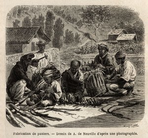 Tillverkning av palmbladskorgar, för insamling av kaffe. Gravyr för att illustrera resan till Brasilien, berättelse av M. och Mme Agassiz, 1865-1866, publicerad i "Le tour du monde, nouveau journal des voyages", under ledning av Edouard Charto av Unknown artist