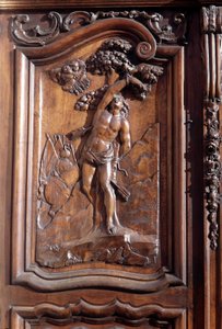 San Sebastians martyrskap, detalj av den snidade trädörren till kyrkan för den obefläckade befruktningen, Menton. av Unknown artist
