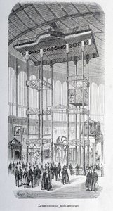 Ingenjören Edoux mekaniska hiss vid världsutställningen 1867 - grav. av Unknown artist