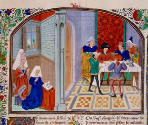 Miniatyrspelet från manuskriptet "" Commentary on Ethics"" av den grekiske filosofen Aristoteles (383-322 f.Kr.) översatt av Nicolas Oresme (1325-1382) av Unknown artist