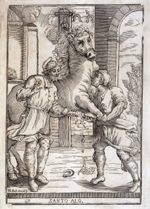 Miraklet av Saint Eloi (läker en amputerad häst) - gravyr av Unknown artist