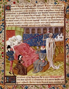 Patienten slås av miniatyrdöden hämtad från "" Le Tresor de Sapience"" (eller "Le traite du jardin amoureux") av Jean Gerson (1363-1429) Chantilly från 1400-talet, Musee Conde av Unknown artist