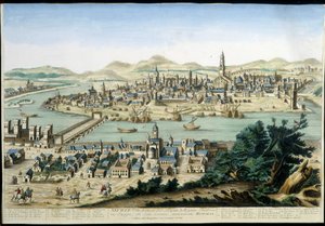 Hamnen och staden Sevilla - gravyr från 1700-talet. av Unknown artist