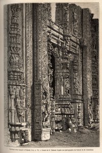 Portiken huggen av ett tempel i Tripetty (eller Tirupati, i Andhra Pradesh), en viktig plats för hinduisk pilgrimsfärd. Gravyr för att illustrera resan till Indiens meridionalprovinser, av Alfred Grandidier, 1862-1864, publicerad i "" le tour du mo av Unknown artist