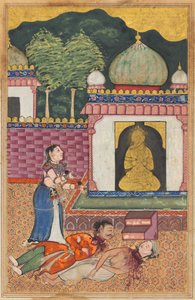 Prinsessan upptäcker de döda kropparna, med avhuggna huvuden, av hennes man och hans brahmanvän, från en Tuti-nama (Berättelser om en papegoja): Thirty-fourth Night av Unknown artist