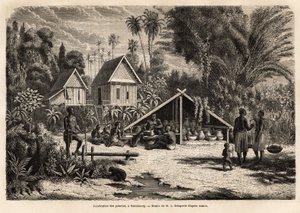Tillverkning av keramik i Saniaboury (Laos). Gravyr för att illustrera upptäcktsfärden i Indokina, av Francis Garnier, löjtnant de Vaissseau, 1866-1868, publicerad i "" Le tour du monde""" 1870-1871, redigerad av Edouard Charton, upplaga Hac av Unknown artist