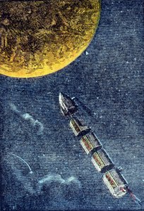 Raketen sköt upp i rymden och anlände till månen - grav. i "Från jorden till månen"" av Jules Verne av Unknown artist