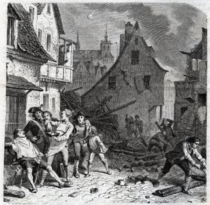Lilles rakskål. En episod från belägringen av Lille 1792 under de franska revolutionskrigen - Le siege de Lille en octobre 1792 - Revolution francaise - Bombardement av österrikare och preussare - Barberaren använder en halv bomb som skäggfat - engr av Unknown artist