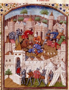 Belägringen av en stad och massakern på dess invånare Miniatyr hämtad från "The Facts of the Romans" (eller Li Fet of the Romans), sammanställer Saluste och Suetoine och Lucan. 1400-talet (ms. 1055, fol. 417) Chantilly, Musee Conde av Unknown artist
