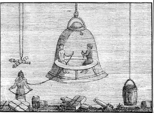 Den lilla klockan på axlarna av mannen till vänster (som tar emot luft från den större klockan) kan betraktas som förfader till hjälmen i en kostym. Sd. gravyr från 1600- eller 1700-talet. av Unknown artist