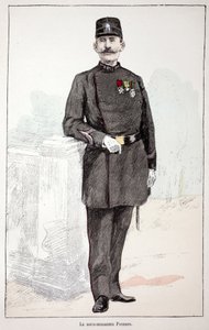Underbrigadieren (underbrigadgeneralen) Poisson. Etsning i färger, för illustration "" Histoire du corps des gardes de la paix""" bok publicerad i regi av Louis Lepine (1846-1933), prefekt för polisen på Seine, av Alfred Rey (1864-?) och Louis av Unknown artist