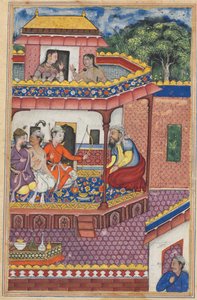 De tre unga männen presenterar sig som friare för Zuhras hand, dottern till köpmannen i Kabul, från en Tuti-nama (Berättelser om en papegoja): Trettiofjärde natten av Unknown artist