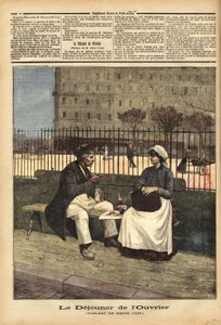 Arbetarlunchen, reproduktion av målningen av Henri Cain (1859-1930), målare och dramatiker. Gravyr i "" Le petit journal"" 1891-04-18. Selvas samling. av Unknown artist