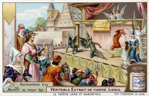 Teater: representation av ett mysterium under medeltiden - Liebig-kromolitografi av Unknown artist