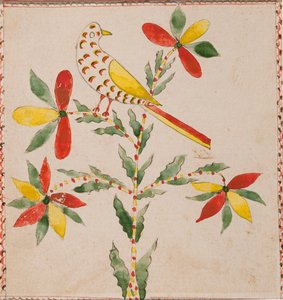Liten gul och röd fågel på blommande kvist av Unknown artist