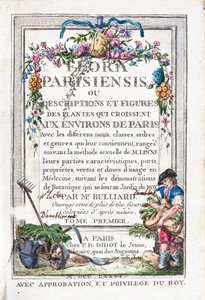 Titelblad till 1:a volymen, Flora Parisiensis eller Beskrivningar och figurer av de växter som växer runt Paris av Unknown artist