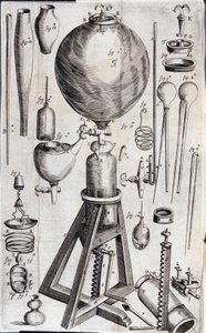 Verktyg för vetenskapliga experiment - i "Nya fysik-mekaniska experiment om elastiskt luftkraft och dess effekter, gjorda till största delen i en ny pneumatisk maskin" av Robert Boyle av Unknown artist